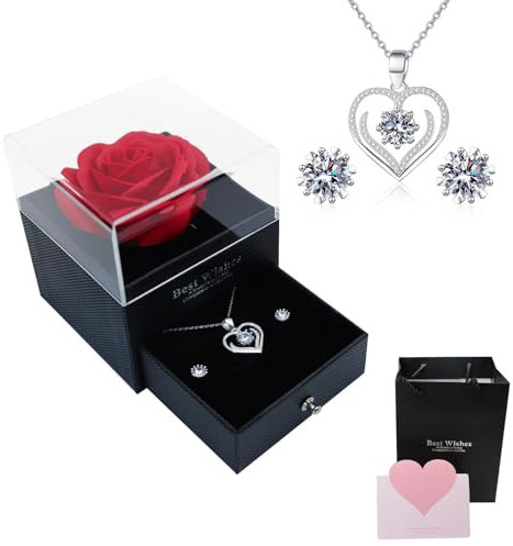 Ewige Echte Rose mit Herz Halskette und Ohrringe,Geschenke für Frauen Valentinstag Geburtstag Schmuck Frau Geschenk Freundin Geburtstagsgeschenk Eternal Rosen Damen Kette Jahrestag Set Geschenkideen