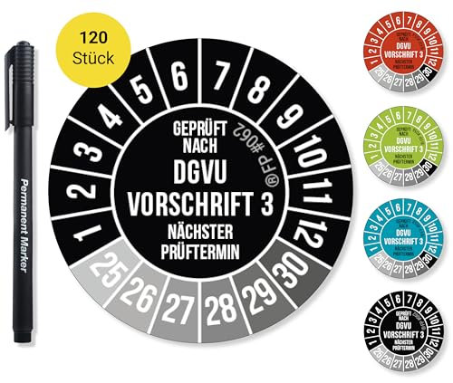 Frank Paperman® DGVU V3 Prüfplaketten Schwarz inkl. Folienstift, Prüfplaketten Nächster Prüftermin, UV-beständig, Hohe Klebkraft, 5 Farben, 2 Größen (120, 30 mm)