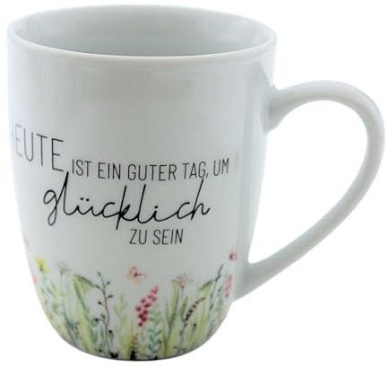 Kaffeebecher/Tasse aus Porzellan, Motiv: Wiese, Heute ist ein guter Tag, um glücklich zu sein, Größe H/Ø: 10 x 8 cm, Fassungsvermögen 250 ml, Spülmaschinengeeignet.