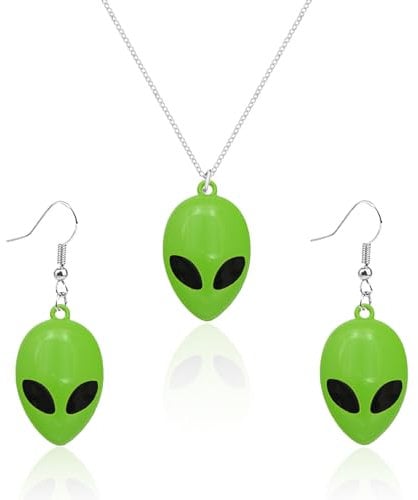 QLUYCKW Alien-Ohrringe für Frauen, personalisierbar, niedlich, lustig, Cartoon-Weltraum, UFO, baumelnde Ohrringe, Alienkopf, Charm-Halskette, Alien-Schmuck-Set, Halloween-Geschenke, Metall, Kein