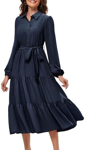 JASAMBAC Ladies Dresses,Button Down Shirt Dress Long Sleeve Casual Dresses Collared Tiered Dress Polo Neck Midi Dresses Ruffle Pleated A Line Elegant Dresses Flowy Dress with Pockets Dark Blue