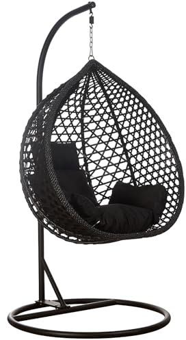 Luxus Hängesessel Style XXL Rattan Korb Gestell Schwarz mit Relaxkissen Schwarz