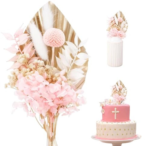 Pink Real Dried Flowers for Cakes, Gold Palm Leaves Cake Topper, Dried Flowers Bouquet, Cake Insert Decorations for Wedding Birthday Party Baby Shower Valentine's Day 28 x 9 x 3 cm Gold Pink White