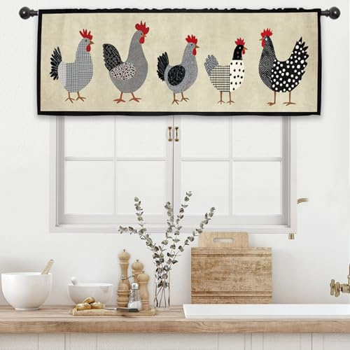 Kalmico Küchengardine mit Huhn, 137 x 45 cm, Bauernhof, ländlich, Vintage, Retro, Landhausstil, Stangentasche, kurzes Café, kleine Fensterbehandlung, Vorhänge