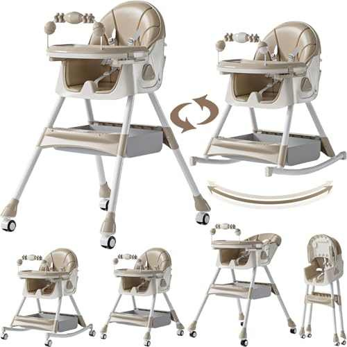 MoLi PU-Leder Hochstuhl Baby mit Schaukelfunktion, Hochstuhl mit Rädern, Verstellbarer und Leicht Zusammenklappbarer Kinderhochstuhl, Hochstühle mit Doppeltablett (560 Khaki)