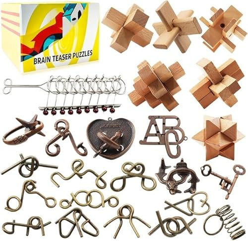 24 Stück knobelspiele für Kinder, Jugendliche und Erwachsene – Lernspielzeug aus Metall und Holz, 3D-Steckspiele für IQ und Logik mit herausfordernden Aufgaben