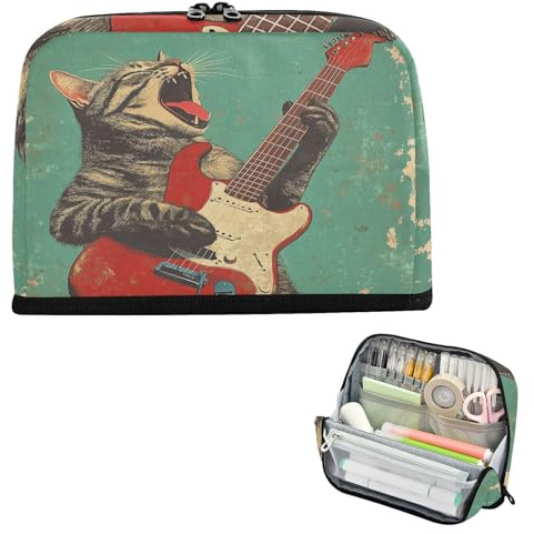 Federmäppchen, große Kapazität, Make-up-Tasche, breite Öffnung, Stifthalter für Lehrer, Schule, Zubehör, Gitarre, Katze, 50er Jahre