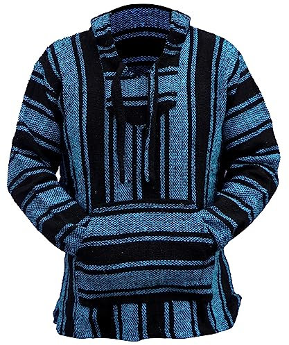 Del Mex Mexican Baja Hoodie Hippie Surf Poncho Sweater Sweatshirt Pullover Jerga, Türkis/Schwarz, L