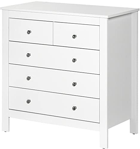 HOMCOM Modern Chest of Drawers, 5 Drawer Storage Cabinet with Metal Handles and Runners for Bedroom, White