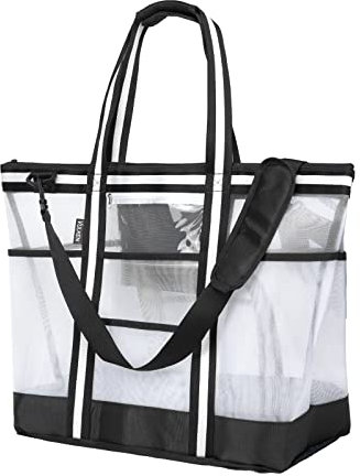 Vulken Strandtasche aus Netzstoff, 42 l, extra groß Mehrzweck-Tragetasche Schultertasche für Picknick, Reisen, Einkaufen und Fitnessstudio. 9 Taschen Top Zip Quick Dry Schwimmtasche Damen Herren.