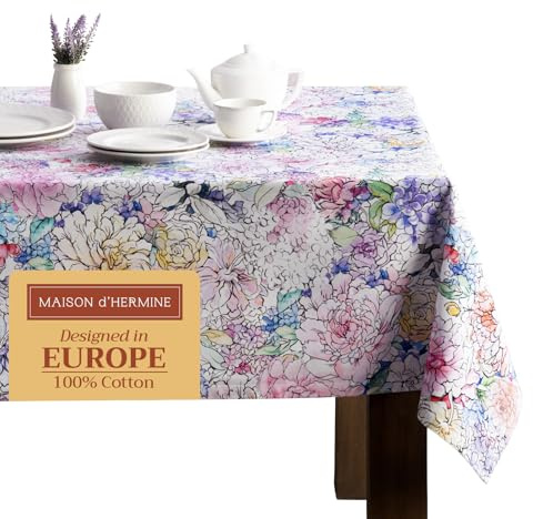 Maison d'Hermine Tischdecke, Rechteckig, 100% Baumwolle (220 cm x 160 cm) | Wiederverwendbar, für den täglichen Gebrauch, zum Essen, für Partys, Festliche Anlässe und Frühjahr Sommer - Floral Love