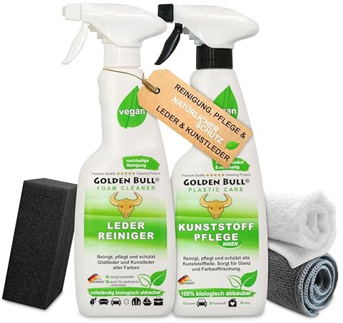 Golden Bull® Auto Reinigungsset Innenraum Leder & Kunststoff [NACHHALTIG & VEGAN] Lederreiniger 500ml, Kunststoffpflege 500ml, Schwamm, Microfasertuch und Baumwolltuch im Pflegeset Innen