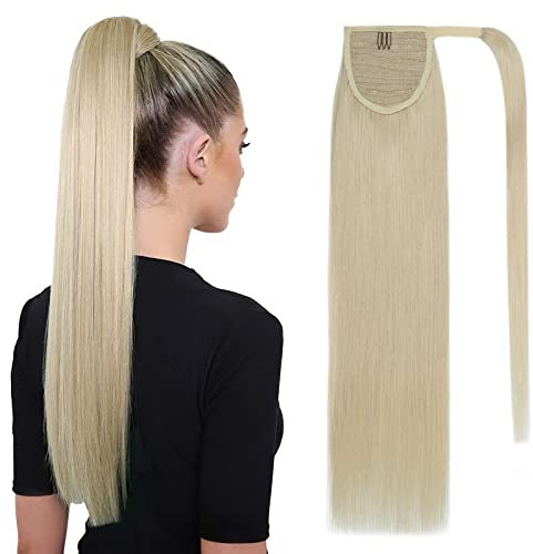 TESS Ponytail Extension Echthaar 55 cm Lang 95g Glatt Gewickelt Pferdeschwanz Haarteil Echthaar Wrap around für Frauen (55 cm-#60 Weißblond)