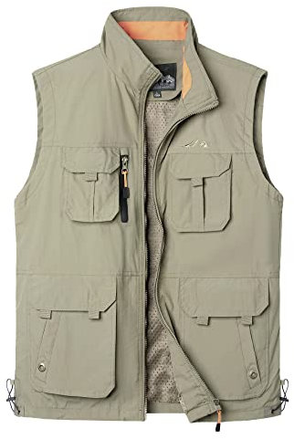 Yukirtiq Herren Sommer Outdoor Weste Leicht Atmungsaktiv Anglerweste Schnelltrocknend Safariweste Funktionsweste mit vielen praktischen Taschen Jagdweste Wandernweste, A-Khaki, M