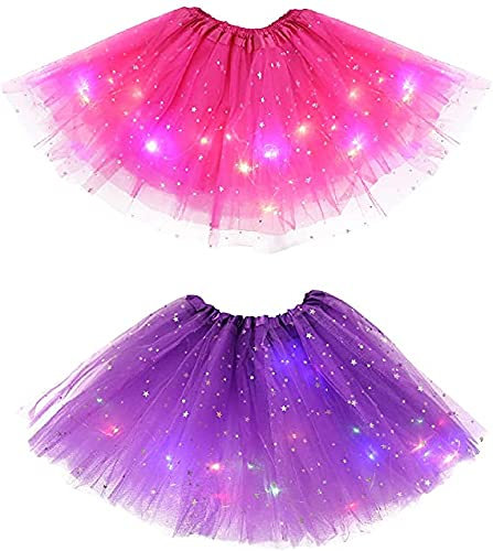 lefeindgdi Gonna da ballo a LED per ragazze, con tutù a LED, con luce magica, da principessa, a LED, per feste di Natale, in tulle, per ragazze, Viola intenso+rosso rosa., 6 anni