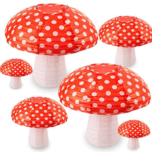 6 x Pilz-Papierlaternen, 3D-Wald-Dschungel-Thema, Laterne zum Aufhängen, Pilzlaterne, für Kinderzimmer, Garten, Weihnachten, Halloween, Party, Dekoration, 18,8 cm, 27,2 cm, 35,6 cm (orange-rot)