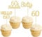 Gyufise 24Pcs Gold Glitter 60th Birthday Cupcake Toppers Hello 60 Sixty Cake Toppers 60 & Fabulous Cupcake Picks 60th Birthday Cake Decorations Supplies