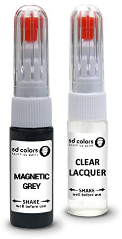 SD COLORS Kit de réparation de peinture magnétique gris compatible avec Ford Touch Up - 20 ML - Brosse à rayures - Code couleur - Gris magnétique (peinture + laque)