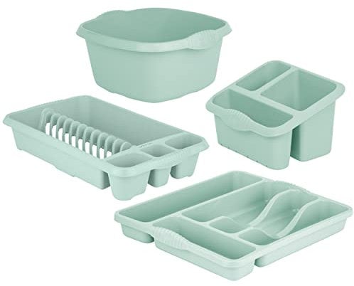 JMS we create smile [𝐒𝐞𝐭 𝐨𝐟 𝟒] Plastic Medium Dish Drainer with Sink Tidy, Square Washing Up Bowl & Small Cutlery Tray- 𝐒𝐢𝐥𝐯𝐞𝐫 𝐒𝐚𝐠𝐞