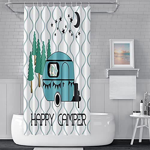 DORCEV 121,9 x 182,9 cm RV Duschvorhang Sets Happy Camper Outdoor Abenteuer Camper Anhänger Wald Camping Cartoon RV Badezimmer Vorhang Wellenlinie Dekorationen Badezimmer Set Haken enthalten