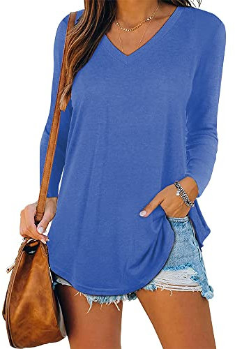 iChunhua Ladies Soft Basic V Neck Long Sleeve Tops Tee Shirt T-Shirt Blue XX-Large