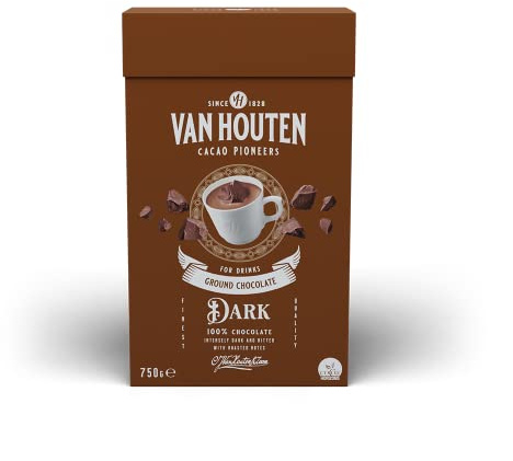 Van Houten GROUND DARK Kakao-Schokoladen-Getränkepulver 750 G–Perfekt für Heiße und Kalte Getränke–für 22 Portionen–Intensiv dunkel und bitter mit Röstnoten–100% Schokolade–Vgetarisch, gentechnikfrei