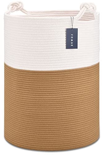 COMSE Extra Large Blanket Basket, Tall Woven Storage Basket, Nursery Hamper, 40 x 55 CM, Cotton Rope Laundry Hamper for Toys Clothes Towels, White/Camel