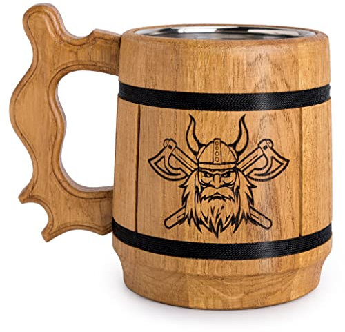 TESLYAR Wikinger Bierkrug 0,6L – Holzbecher mit Gravur – Bierkrüge für Männer, Bier Geschenk, Wikinger Tasse, Mittelalter Krug, Geschenk für Bierliebhaber, Vatertagsgeschenk (Wikinger Beige)