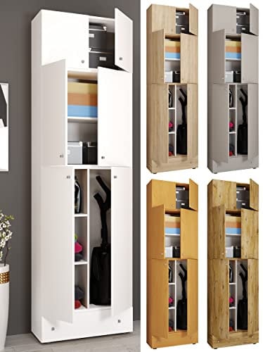 VCM Holz Besenschrank | 6 Fächer | Maße: H. 240 x B. 70 x T. 39 cm | Haushaltsschrank | Mehrzweckschrank | Aufsatz mit 2 Türen | Extra Schublade - Lona
