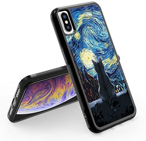 Black Cute Cat iPhone X/XS Case - Van Gogh 6.5 Inch Cute Cat iPhone Case, Non-Slip Pattern Design and Shock Absorption, Soft Silica Gel Frame Support Black Phone Case for Teen Girls and Sisters