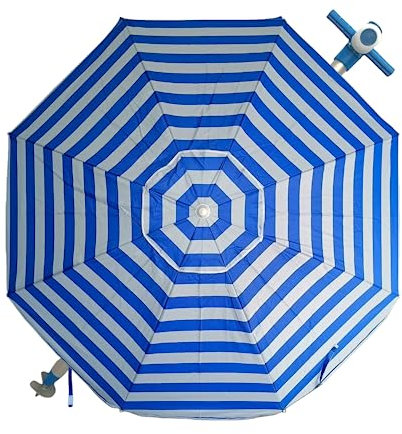 Pincho Sombrilla playa 180 cm, Aluminio, UPF+50 bloquea 99% de rayos UV, Punta de Aluminio Reforzado, 8 Varillas de fibra de vidrio, Muy ligera 1,2 kg, ventana superior (Azul y Blanco)