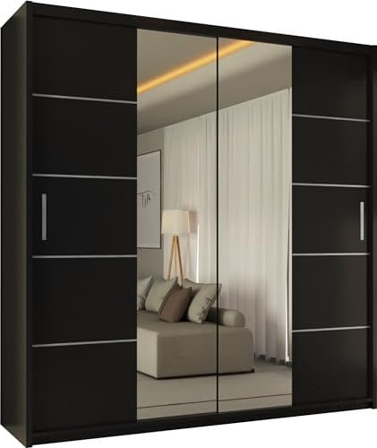 SLIDING WARDROBE 4U Winnipeg Double Door Sliding Mirror Wardrobe with Adjustable Shelves and Hanging Rails (Black, 150cm)
