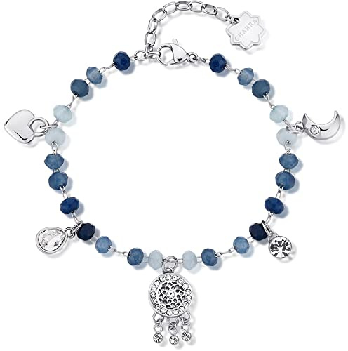Brosway Chakra Traumfänger Damen Armband Silber aus Edelstahl 316L mit Traumfänger, Herz und Mond Anhängern – Damen Armschmuck mit Chalcedon und Kristallen, BHKB129