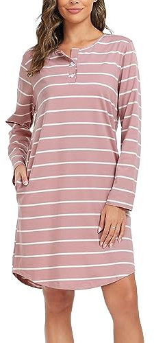 Lovasy Chemise de Nuit Femme Rayé Manches Longues Pyjama en Coton Chemise de Nuit Boutonnée Devant Nuisette Femme Longue A Rose M