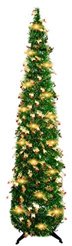ZAYMDO Albero di Natale Pieghevole, 150cm/5ft Pop Up Tinsel albero di Natale, alto albero magro paillettes di Natale Tinsel per la casa interna Natale Decor (Dark Green)