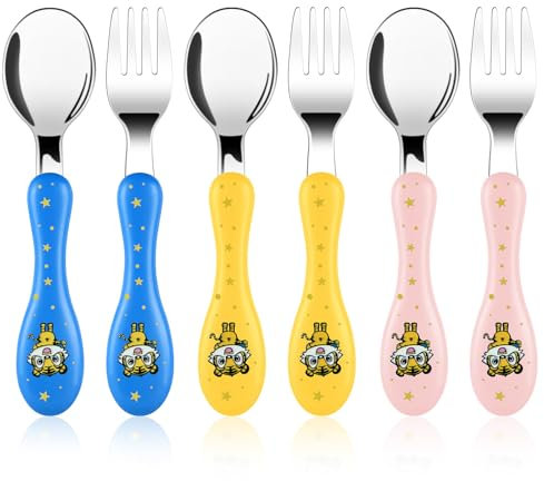 Vicloon Set de Couverts en INOX Enfant, 6PCS Fourchette et Cuillère Enfant Prise Facile Acier Inoxydable pour Tout-Petit Stensiles d'apprentissage Parfaits-Petit Tigre