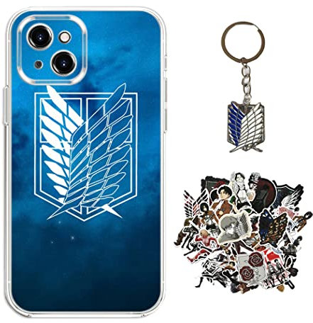 Staremeplz Attack -on Titan Hülle für iPhone 15 Anime Handyhülle [Mit Schlüsselbund und 50pcs Aufkleber] Cartoons Transparent Silikon Case Hülle für iPhone 15
