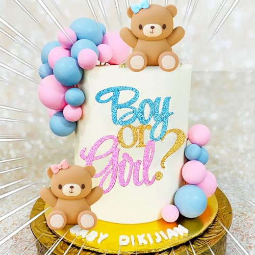 JeVenis Gender Reveal Party Deko Boy or Girl Tortendeko Babyparty Dekoration Teddybär Kuchen Dekoration Teddybär Geburtstagstorte Deko