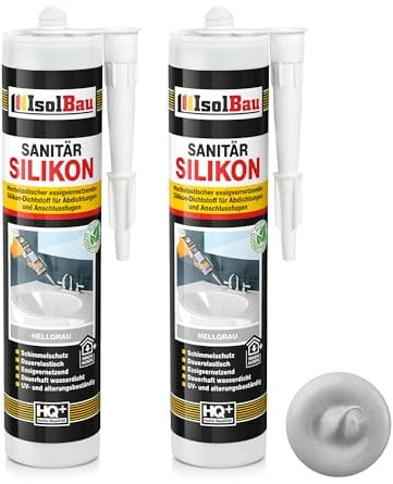 Isolbau Sanitär Silikon 2 x 300 ml Hellgrau - Hochelastischer Silikon-Dichtstoff für Abdichtungen & Fugen - wasserdicht - Kartusche