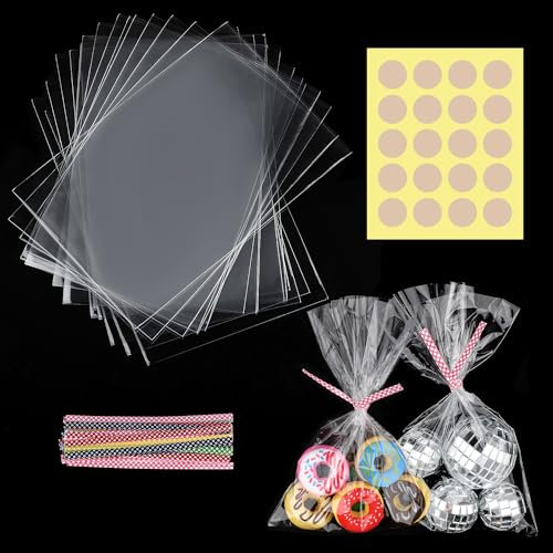 200Stück Cellophantüten Klar 10x15 cm,Zellophantüten Süßigkeiten Tütenmit Metallic-Bändern & Aufklebern,zum Verpacken von Bonbons,klare Taschen