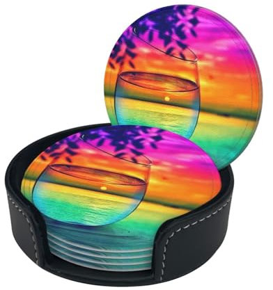 Bunte Glasuntersetzer für Getränke, Sonnenuntergang, personalisierbar, rund, 6 Stück, mit Halter, bedruckt, wasserabweisend, Leder, rutschfeste Getränkeuntersetzer
