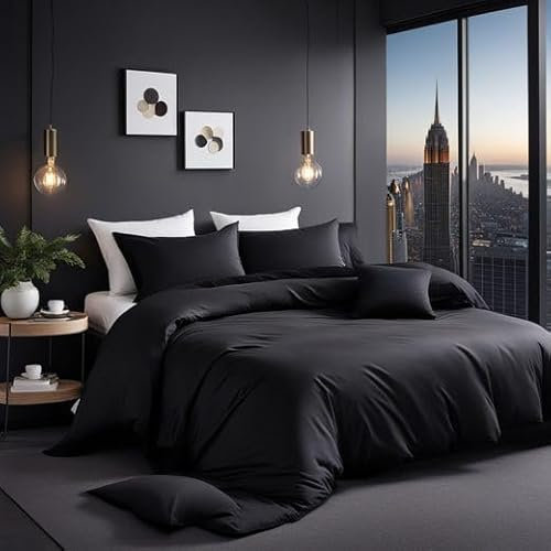 Cozyor Bettwäsche 155x200 allergikergeeignet, weich mit robustem Reißverschluss, Mikrofaser, 1x Deckenbezug + 2X Kissenbezug 40x80 cm, 3-teilig, schwarz Eclipse