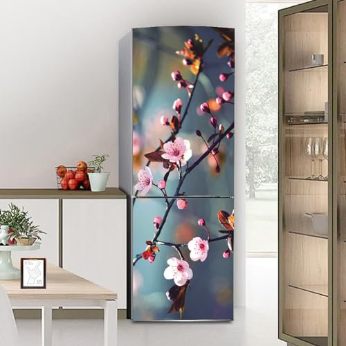 Fridge Wraps Kitchen Fridge Stickers Cover Full Doors, Fridge Sticker Full Covering Door Fridge Covers Skins Wall Stickers for Kitchen Decal, Pink Flower Plum Blossom