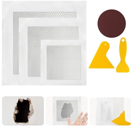 6 Pièces Patch de Réparation de Mur en Aluminium, Kit réparation murale, Cache Trou Mur Patch Fissure Maille sèches patch de plaque (6 Indemnités de Réparation + Papier de Verre + Grattoir)