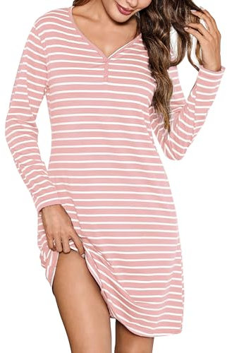 Bresdk Chemise de Nuit Femme Manches Longues Hiver Vêtements de Nuit Rayé en Coton Col V Robe de Nuit avec Boutons, Rose, L