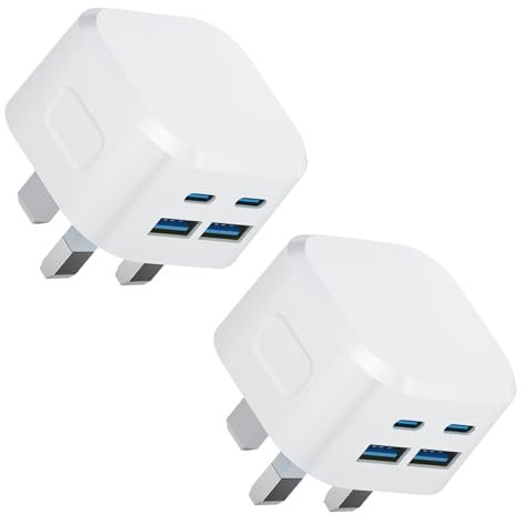 USB C Plug Fast Charge,2 Pack 40W 4-Port Multi USB and Type C Fast Charger Plug Charging for iPhone 16 15 14 13 12 11 Pro Max SE XS XR 10 iPad, Samsung Galaxy,Dual Port USBC Power Adaptor UK Wall Plug