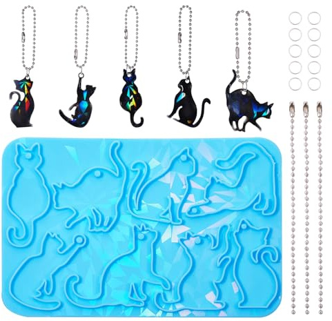 PH PandaHall - Moules en silicone en forme de chat en résine époxy, moules en résine époxy mignons en forme d’animaux avec chaînes de billes et anneaux à ouverture pour la fabrication de bijoux en