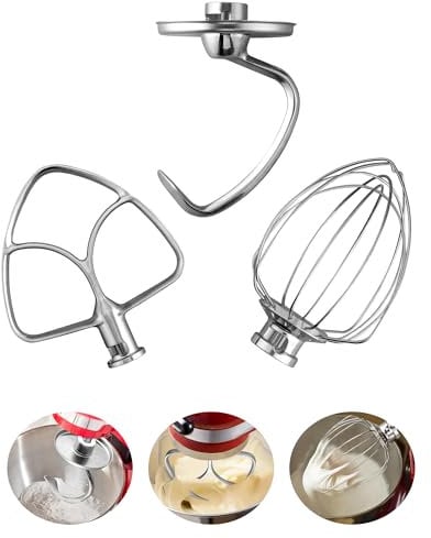HOMGEN 3 stück Mixeraufsätze für KitchenAid Standmixer 4.5-5 QT – Edelstahl Kitchenaid Mixer-Zubehör aus Stahl enthalten K45WW Schneebesen, K45DH Knethaken, K45B Flachrührer