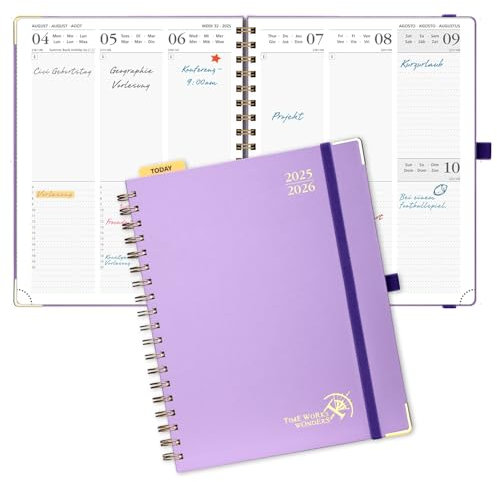 POPRUN Kalender 2025 2026 Buchkalender Ringbuch mit Hardcover, ca. A4 (25,5 x 20,5 cm), 17-Monate-Terminplaner (Aug.2025-Dez.2026), Wochenplaner 2025 2026 mit Plastiklineal - Violett
