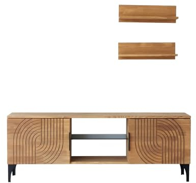 Hanah Home Modernes TV-Möbel aus Eiche, 100% Kiefernholz-Massivholz mit Metallrahmen, antibakterielle und rostfreie Beine | Montage erforderlich, 150 x 40 x 30 cm